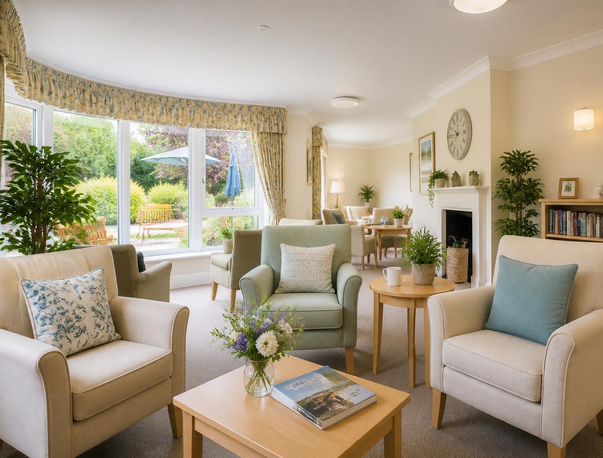 A bright, comfortable lounge in a residential care home with a garden view