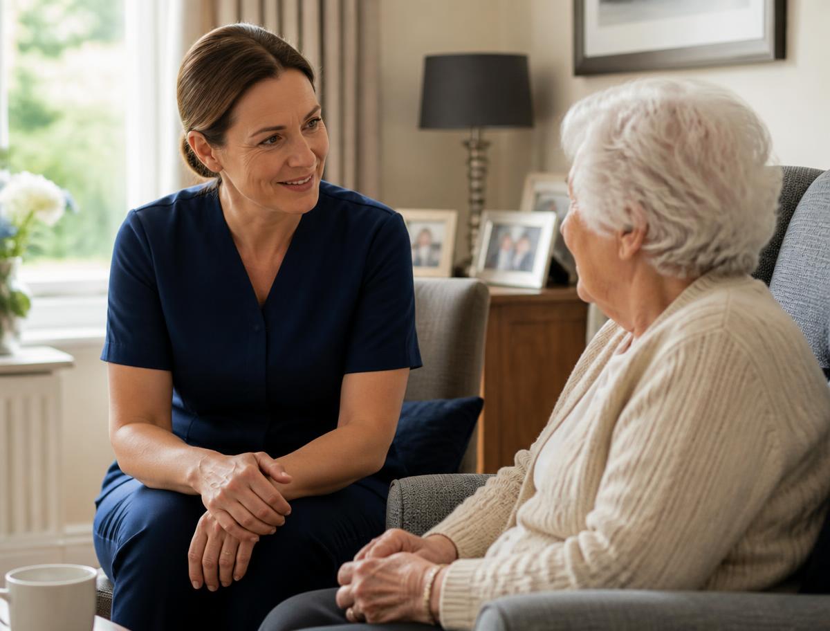 A home carer sitting and talking with an older woman in her living room