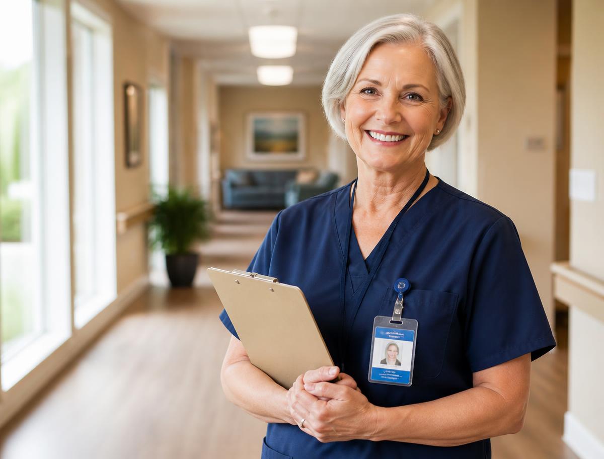 A senior nurse smiling in the corridor of a nursing home